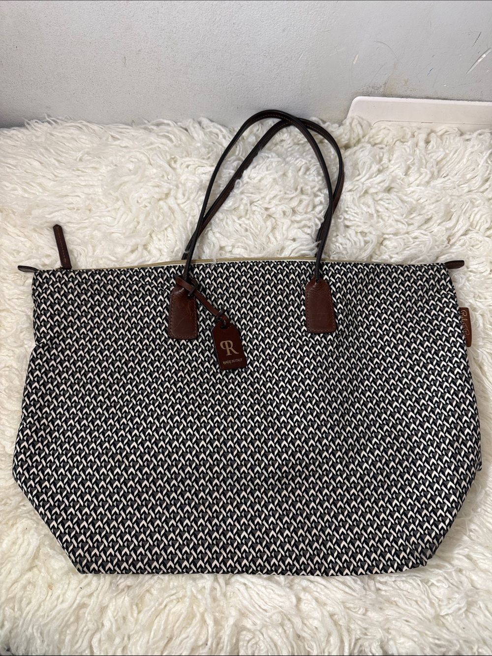 Roberta Pieri Tatami Black & White Woven Tote Bag with Brown leather strap large